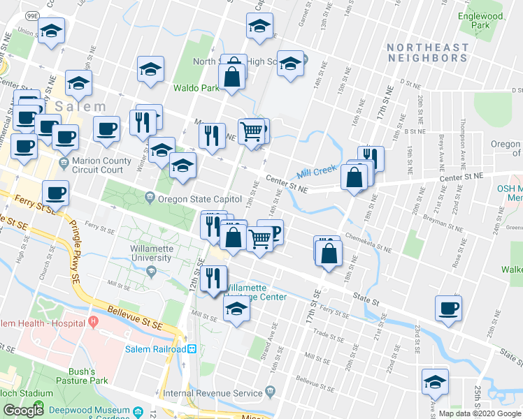 map of restaurants, bars, coffee shops, grocery stores, and more near 1358 Chemeketa Street Northeast in Salem