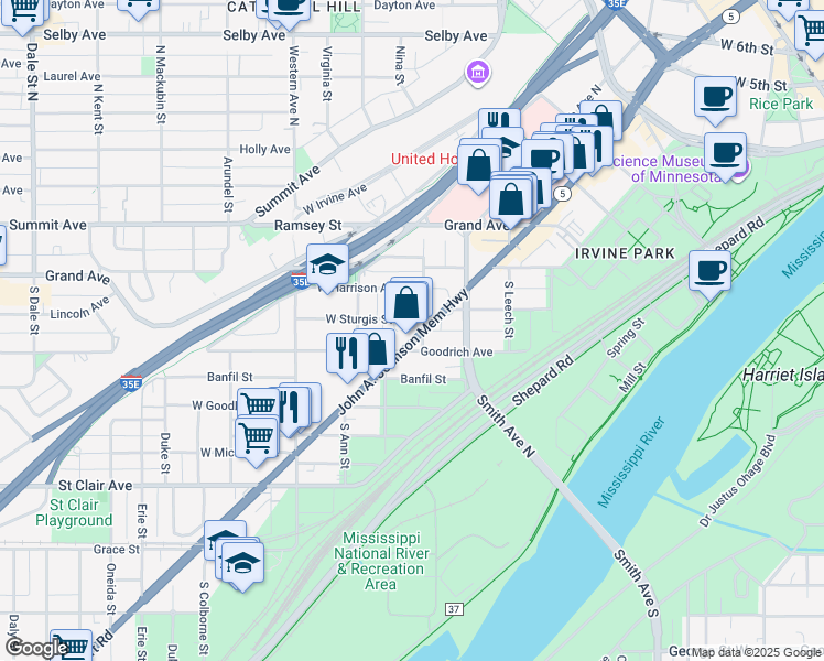 map of restaurants, bars, coffee shops, grocery stores, and more near 449 7th Street West in Saint Paul