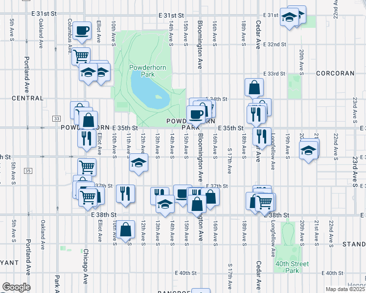 map of restaurants, bars, coffee shops, grocery stores, and more near 3521 South 15th Avenue in Minneapolis