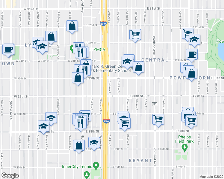 map of restaurants, bars, coffee shops, grocery stores, and more near 3532 3rd Avenue South in Minneapolis