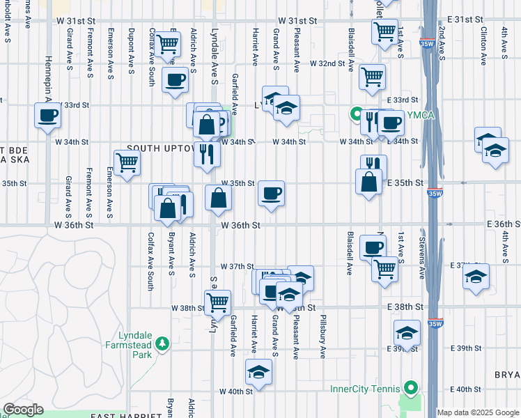 map of restaurants, bars, coffee shops, grocery stores, and more near 3526 Grand Avenue South in Minneapolis