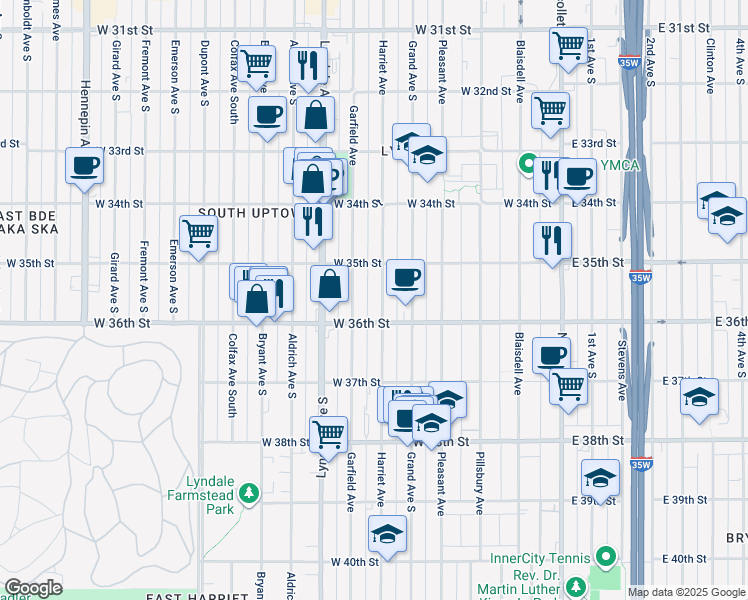 map of restaurants, bars, coffee shops, grocery stores, and more near 3527 Garfield Avenue in Minneapolis