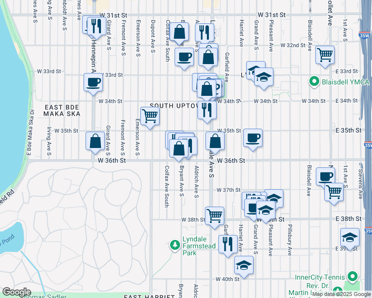 map of restaurants, bars, coffee shops, grocery stores, and more near 3532 Bryant Avenue South in Minneapolis