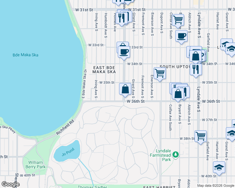 map of restaurants, bars, coffee shops, grocery stores, and more near 3532 Holmes Avenue in Minneapolis