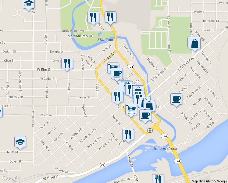 map of restaurants, bars, coffee shops, grocery stores, and more near 25 West Birch Street in Chippewa Falls