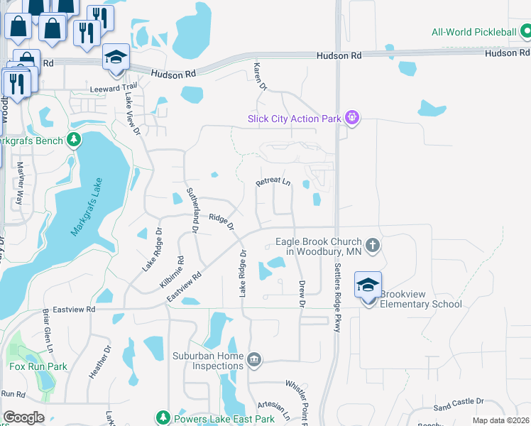 map of restaurants, bars, coffee shops, grocery stores, and more near 10751 Retreat Lane in Woodbury