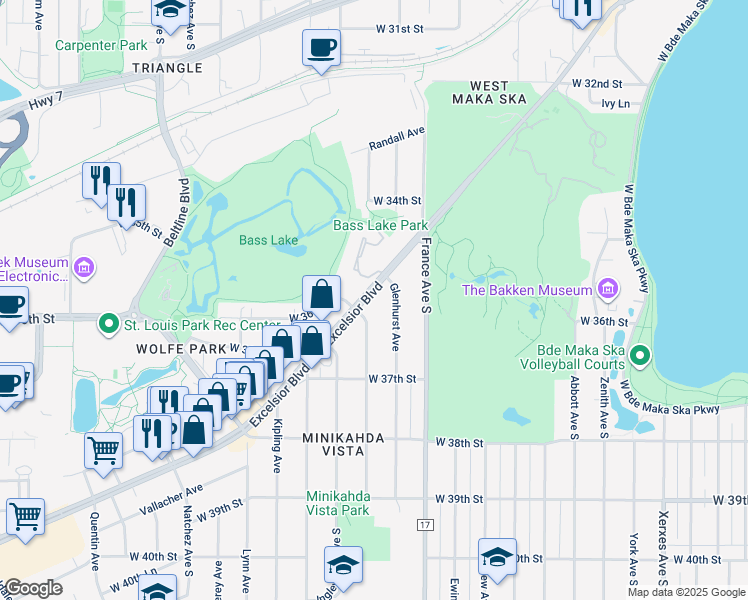 map of restaurants, bars, coffee shops, grocery stores, and more near 4023 Excelsior Boulevard in St. Louis Park