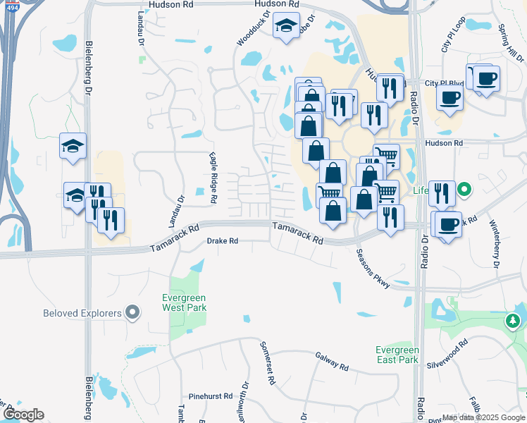 map of restaurants, bars, coffee shops, grocery stores, and more near 705 Kingfisher Lane in Woodbury