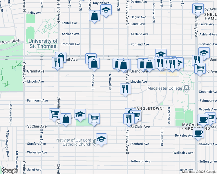 map of restaurants, bars, coffee shops, grocery stores, and more near 1883 South Howell Street in Saint Paul