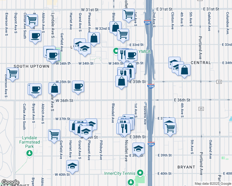 map of restaurants, bars, coffee shops, grocery stores, and more near 3537 Blaisdell Avenue in Minneapolis