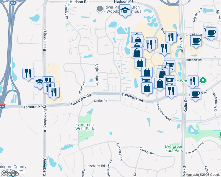 map of restaurants, bars, coffee shops, grocery stores, and more near 689 Kingfisher Lane in Woodbury