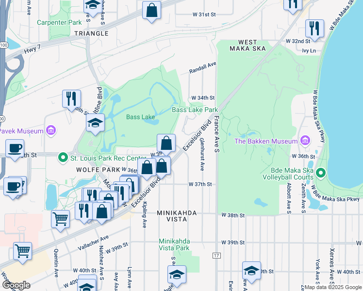 map of restaurants, bars, coffee shops, grocery stores, and more near 3559 Huntington Avenue in Saint Louis Park