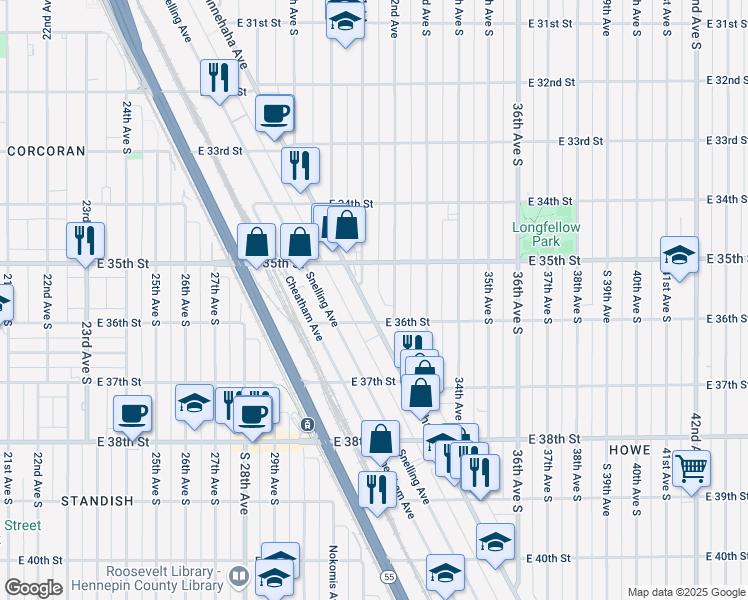 map of restaurants, bars, coffee shops, grocery stores, and more near 3541 Minnehaha Avenue in Minneapolis