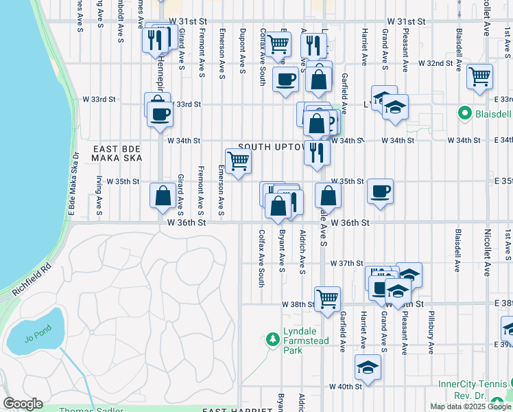 map of restaurants, bars, coffee shops, grocery stores, and more near 3534 Colfax Avenue South in Minneapolis