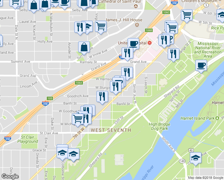 map of restaurants, bars, coffee shops, grocery stores, and more near 294 West Sturgis Street in Saint Paul