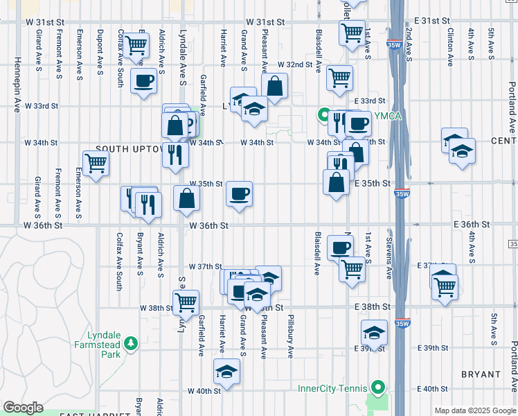map of restaurants, bars, coffee shops, grocery stores, and more near 3530 Pleasant Avenue in Minneapolis