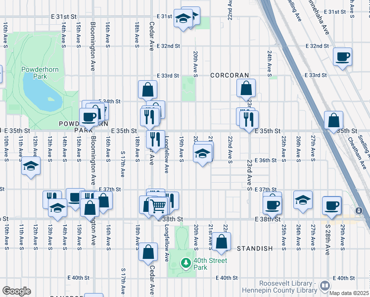 map of restaurants, bars, coffee shops, grocery stores, and more near 3529 19th Avenue South in Minneapolis