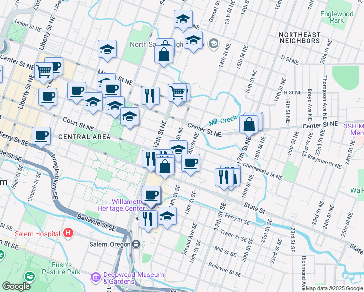 map of restaurants, bars, coffee shops, grocery stores, and more near 1340 Chemeketa Street Northeast in Salem