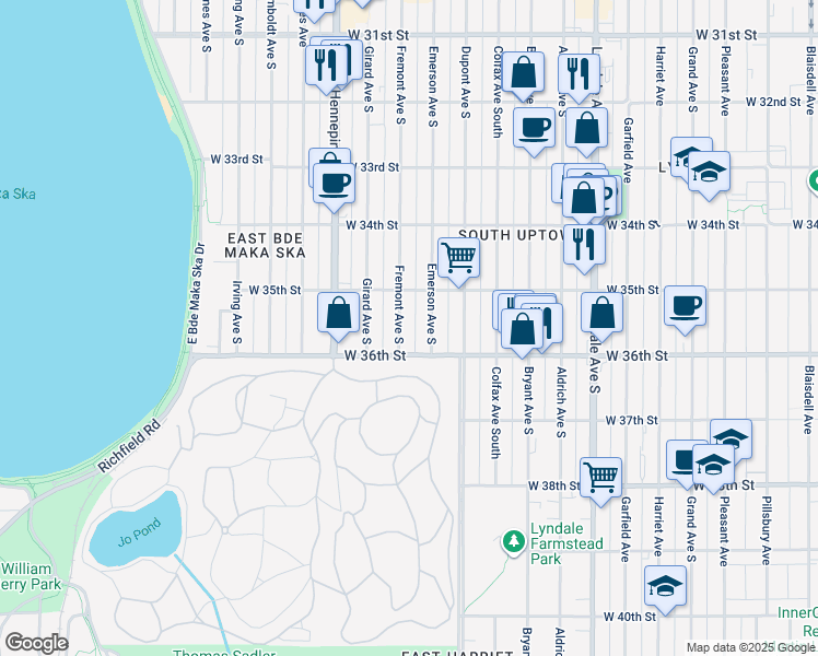 map of restaurants, bars, coffee shops, grocery stores, and more near 3533 Fremont Avenue South in Minneapolis