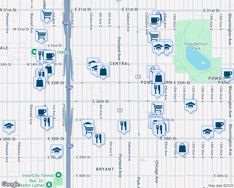 map of restaurants, bars, coffee shops, grocery stores, and more near 3534 Portland Avenue South in Minneapolis