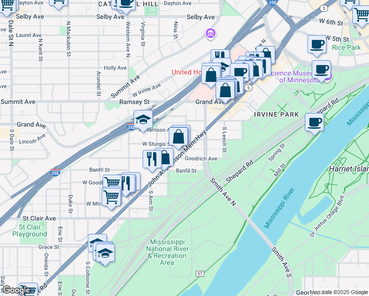 map of restaurants, bars, coffee shops, grocery stores, and more near 449 7th Street West in Saint Paul