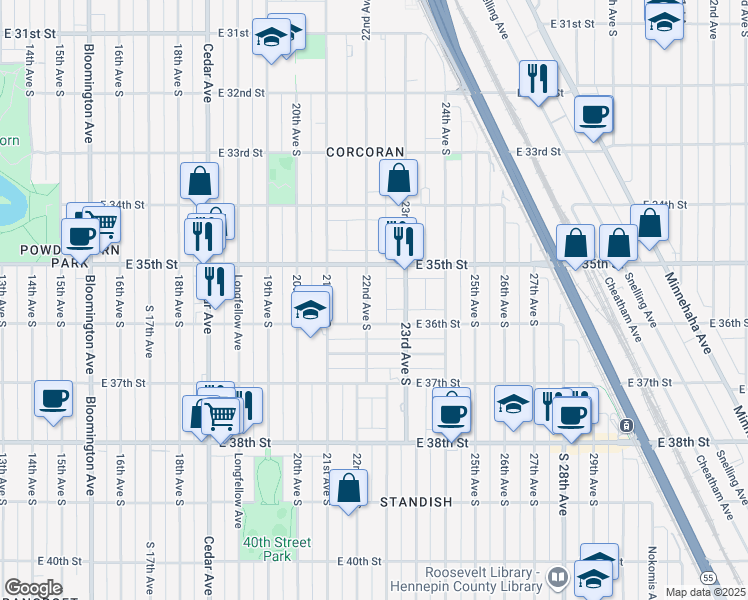 map of restaurants, bars, coffee shops, grocery stores, and more near 3531 22nd Avenue South in Minneapolis