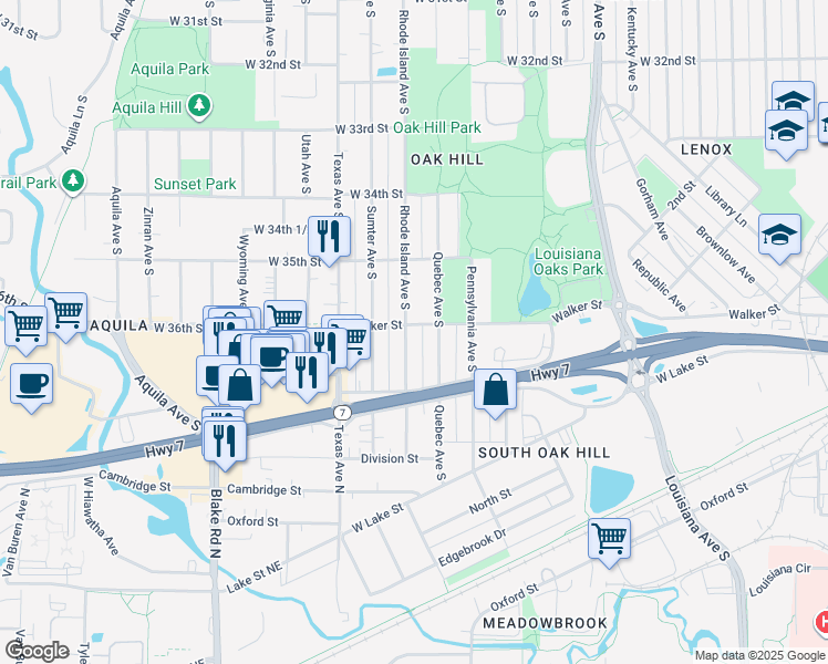 map of restaurants, bars, coffee shops, grocery stores, and more near 3601 Rhode Island Avenue South in Minneapolis