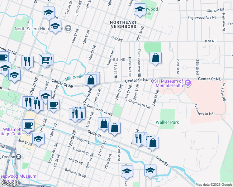 map of restaurants, bars, coffee shops, grocery stores, and more near 1965 Breyman Street Northeast in Salem