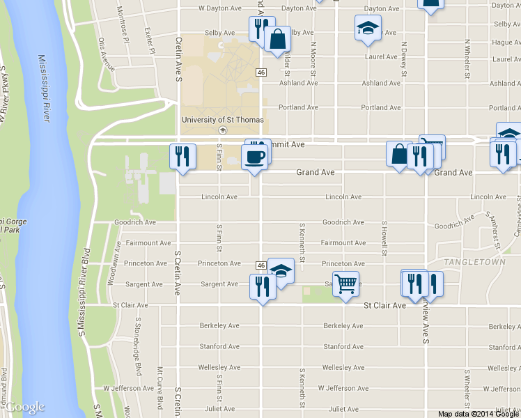 map of restaurants, bars, coffee shops, grocery stores, and more near 103 South Cleveland Avenue in Saint Paul