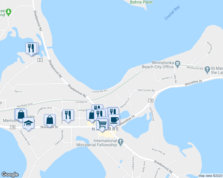 map of restaurants, bars, coffee shops, grocery stores, and more near 3349 Crystal Bay Road in Wayzata