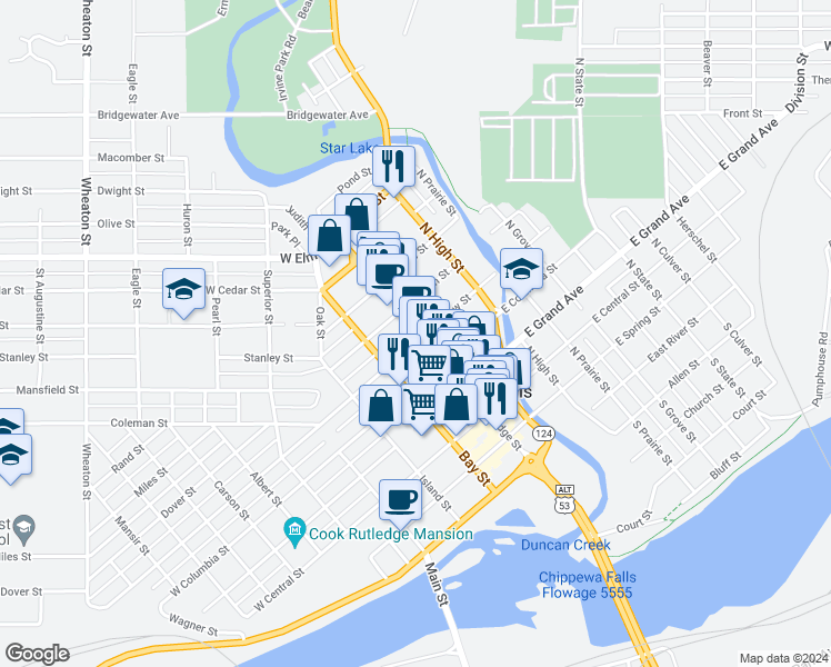 map of restaurants, bars, coffee shops, grocery stores, and more near 504 North Bridge Street in Chippewa Falls