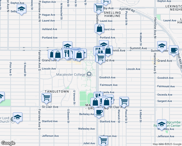 map of restaurants, bars, coffee shops, grocery stores, and more near 1600 Grand Avenue in Saint Paul
