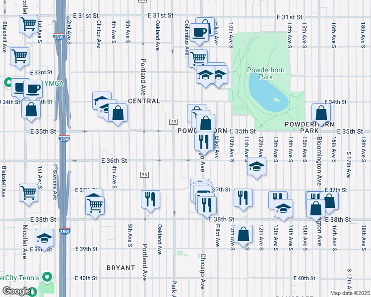 map of restaurants, bars, coffee shops, grocery stores, and more near 3528 Columbus Avenue in Minneapolis