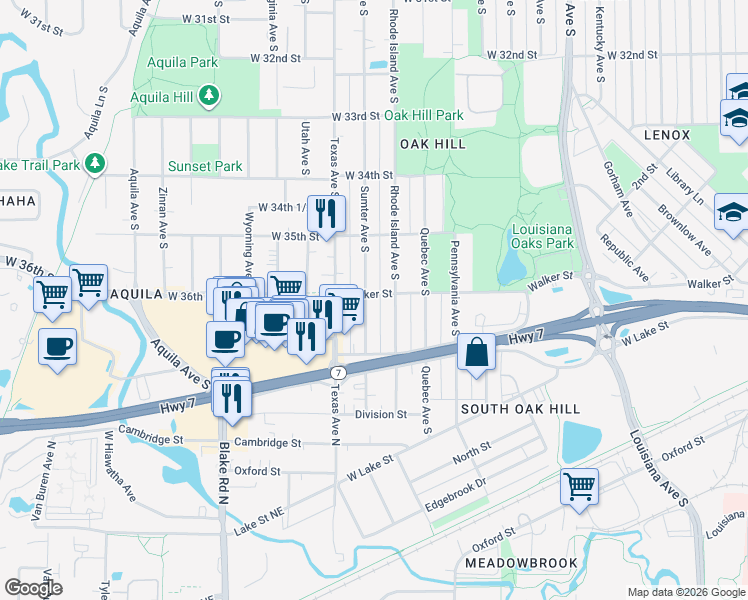 map of restaurants, bars, coffee shops, grocery stores, and more near 3601 Sumter Avenue South in Minneapolis
