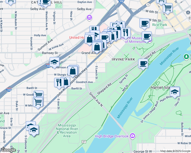 map of restaurants, bars, coffee shops, grocery stores, and more near 95 South Leech Street in Saint Paul
