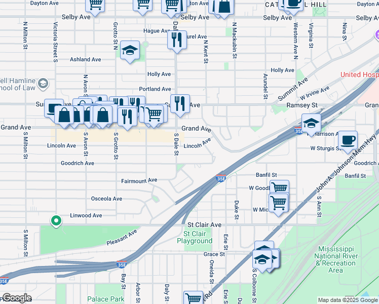 map of restaurants, bars, coffee shops, grocery stores, and more near 584 Lincoln Avenue in Saint Paul