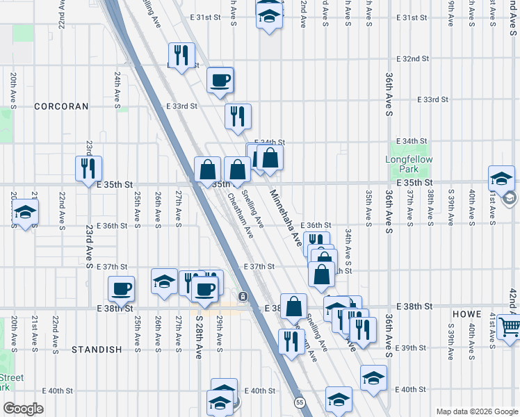 map of restaurants, bars, coffee shops, grocery stores, and more near 3528 Minnehaha Avenue in Minneapolis