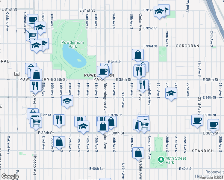 map of restaurants, bars, coffee shops, grocery stores, and more near 3533 Bloomington Avenue in Minneapolis