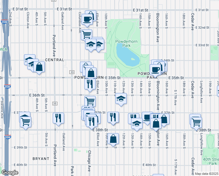 map of restaurants, bars, coffee shops, grocery stores, and more near 3531 10th Avenue South in Minneapolis