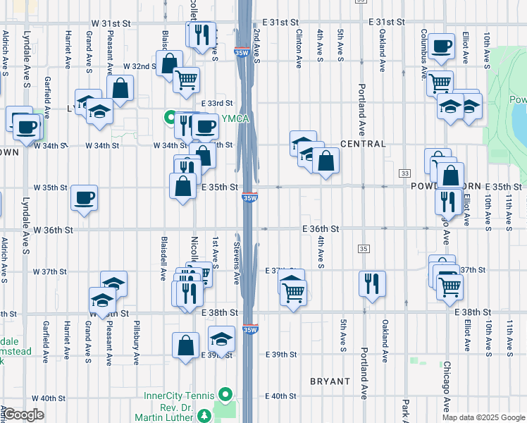 map of restaurants, bars, coffee shops, grocery stores, and more near 3532 3rd Avenue South in Minneapolis