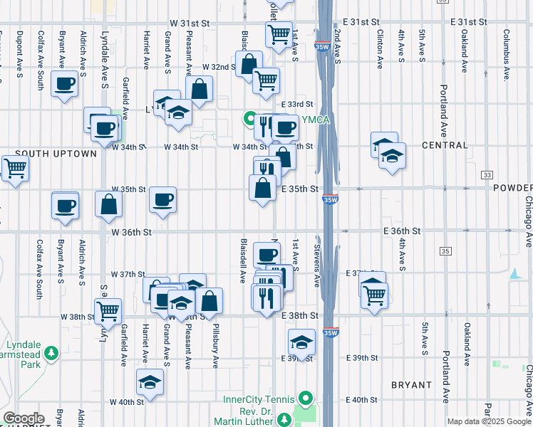 map of restaurants, bars, coffee shops, grocery stores, and more near 3537 Blaisdell Avenue in Minneapolis