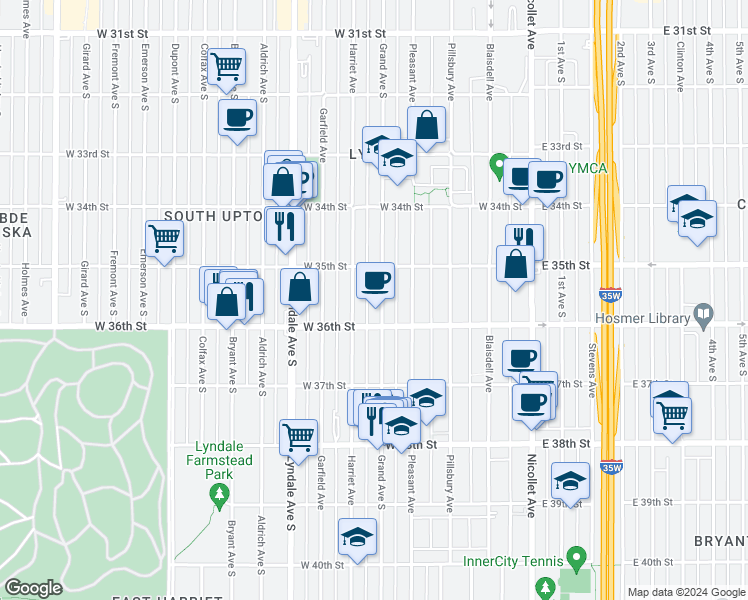 map of restaurants, bars, coffee shops, grocery stores, and more near 3526 Grand Avenue South in Minneapolis