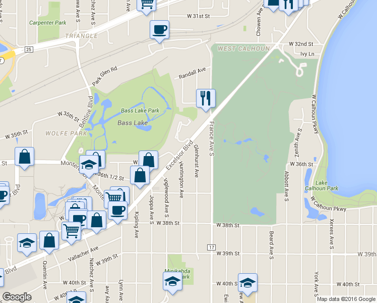map of restaurants, bars, coffee shops, grocery stores, and more near 4023 Excelsior Boulevard in St. Louis Park