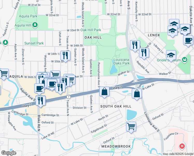map of restaurants, bars, coffee shops, grocery stores, and more near 3601 Quebec Avenue South in Minneapolis