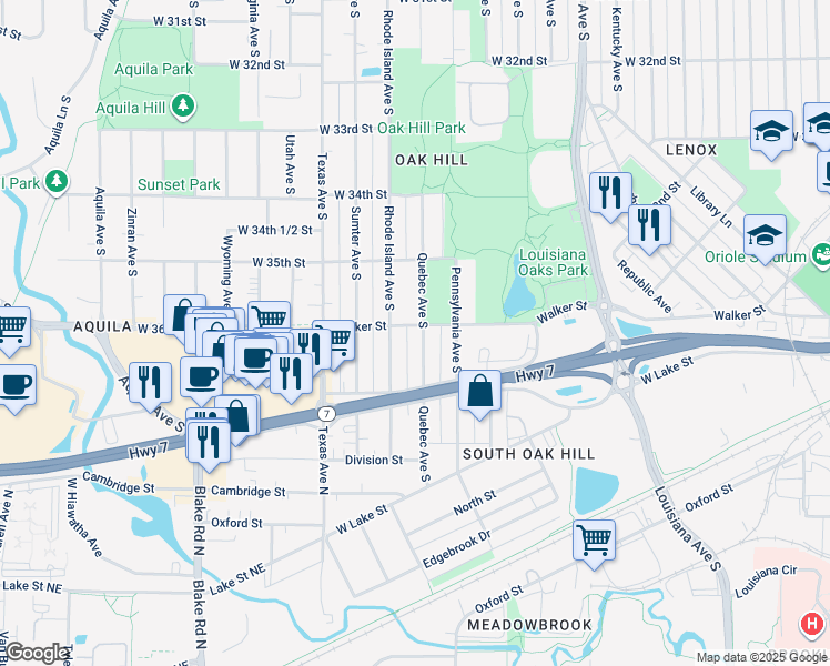 map of restaurants, bars, coffee shops, grocery stores, and more near 3601 Rhode Island Avenue South in Minneapolis