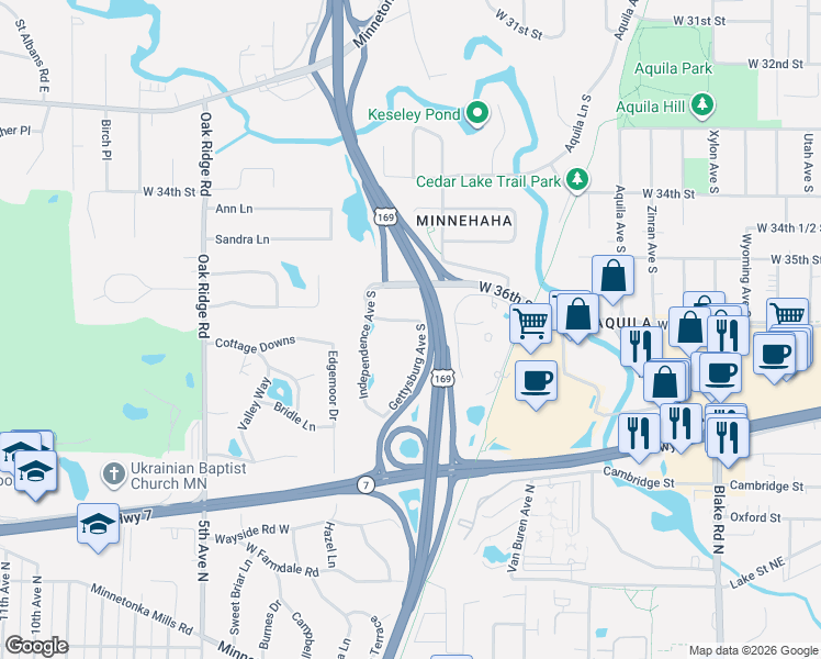 map of restaurants, bars, coffee shops, grocery stores, and more near 33 Gettysburg Avenue South in St. Louis Park