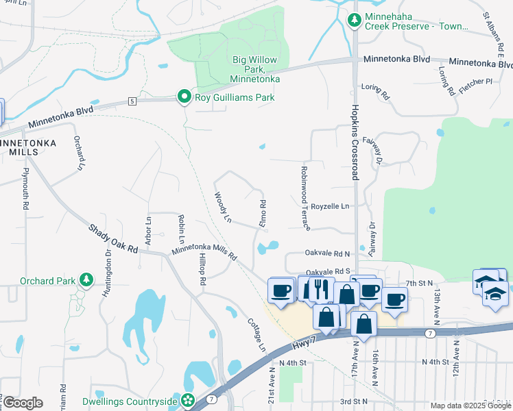 map of restaurants, bars, coffee shops, grocery stores, and more near 3612 Elmo Road in Hopkins