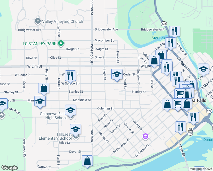 map of restaurants, bars, coffee shops, grocery stores, and more near 465 West Spruce Street in Chippewa Falls