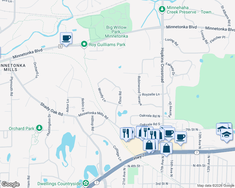 map of restaurants, bars, coffee shops, grocery stores, and more near 3612 Elmo Road in Hopkins