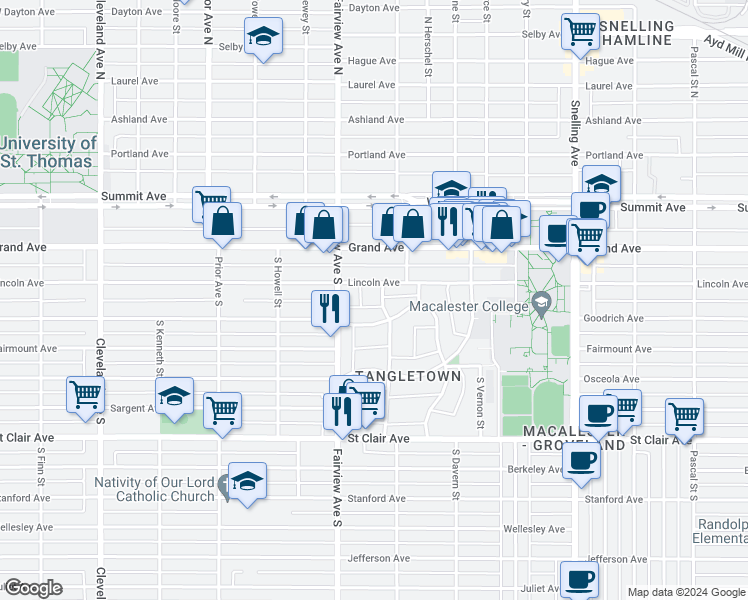 map of restaurants, bars, coffee shops, grocery stores, and more near 95 South Wheeler Street in Saint Paul
